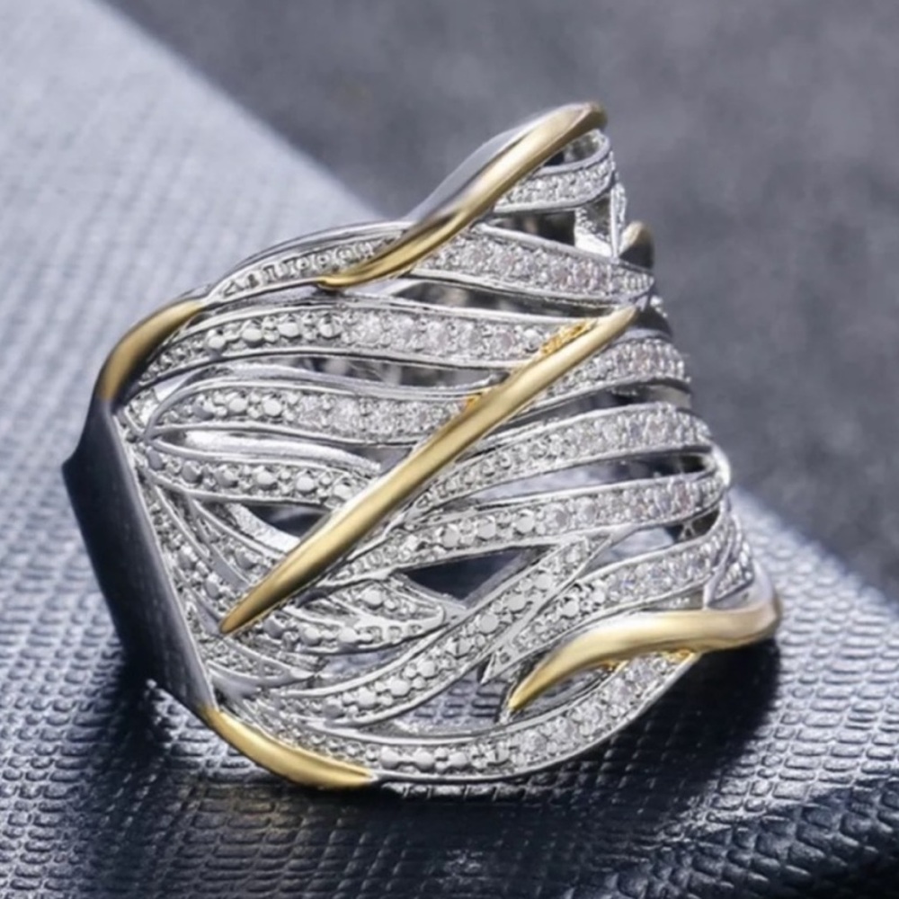 NEW TWO TONE 925 STERLING SILVER DIAMOND RING - Picture 3 of 6